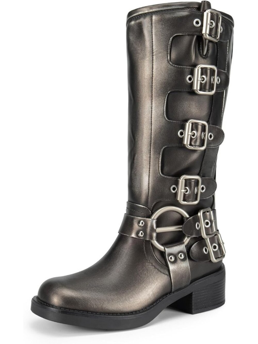 Women's Silver Faux Leather Adjustable Buckles Low Chunky Heel Knee High Boots